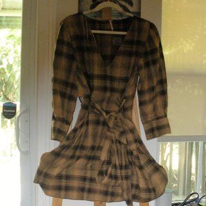 Free People Size 10 English Rose Light Brown w/ Black Plaid Tie Back Mini Dress